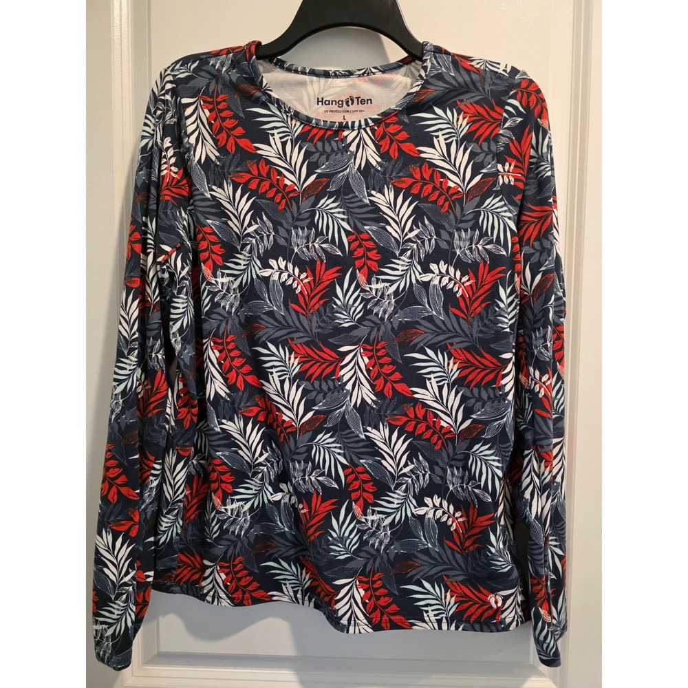 Womens sz L Hang Ten UV Protection UPF 50+ Long Sleeve Sun Shirt Tropical Floral
